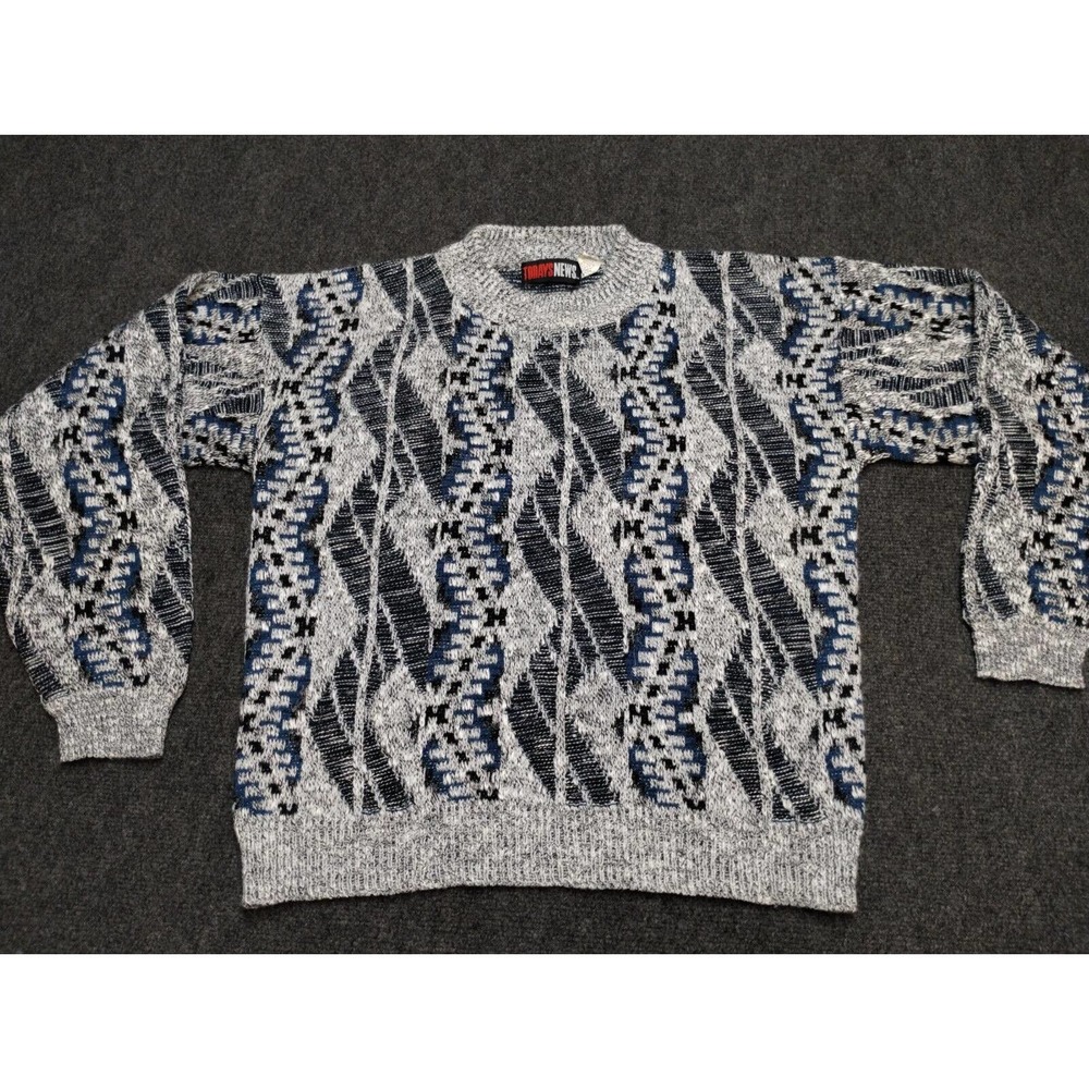Vintage Todays News Grandpa Sweater Men‎ Large Gray Stripe Long Sleeve Crewneck